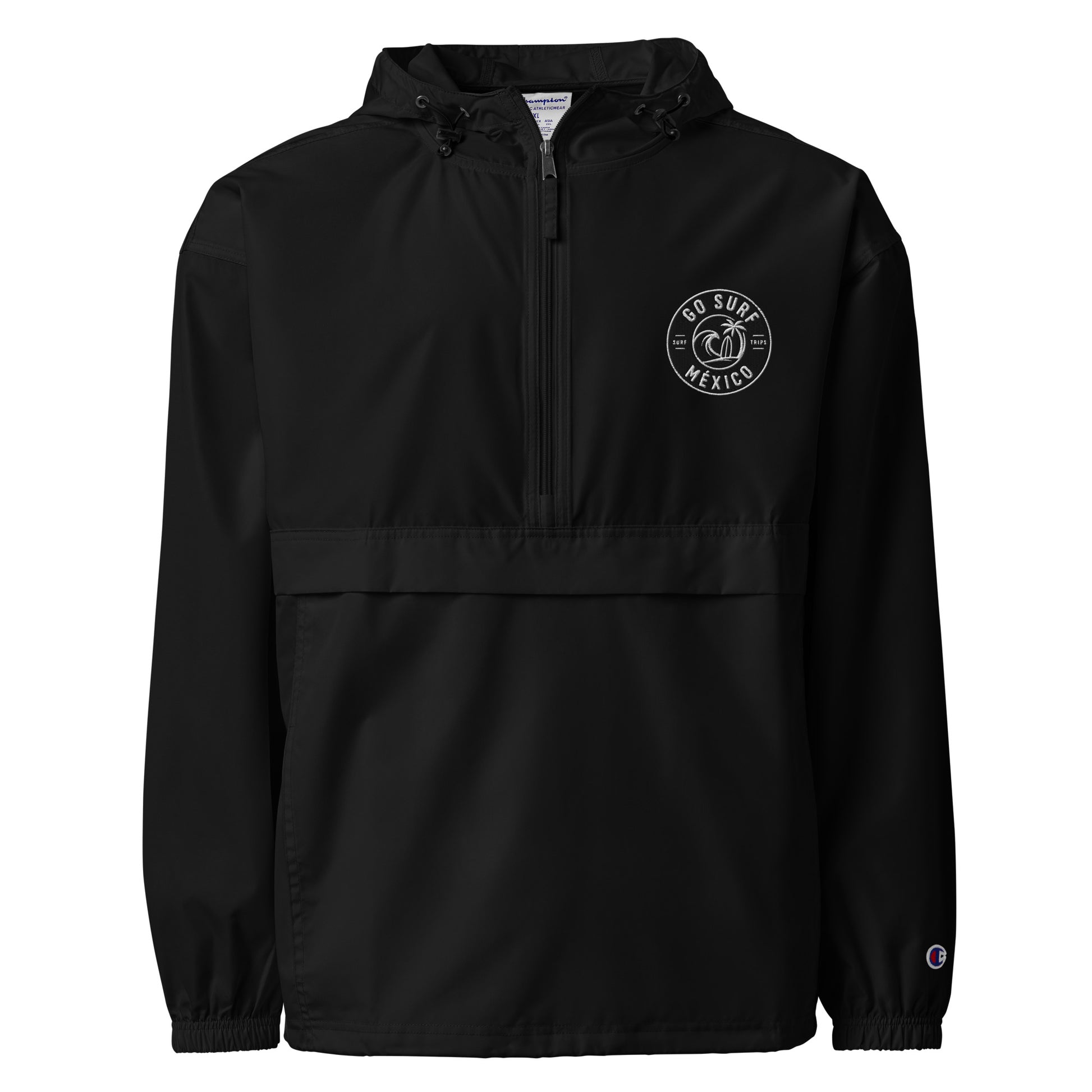 GoSurfMexico x Champion packable windbreaker surf travel jacket black